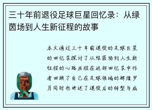 三十年前退役足球巨星回忆录：从绿茵场到人生新征程的故事