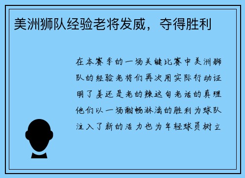 美洲狮队经验老将发威，夺得胜利
